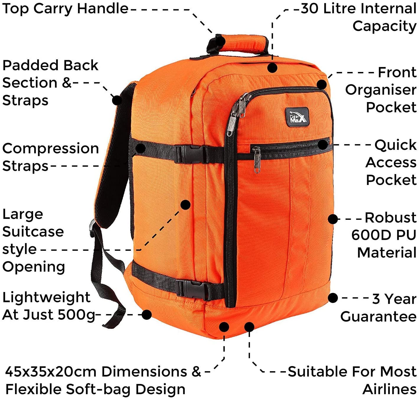 Cabin Max Metz 30L 18x14x8" (45x36x20cm) Cabin Backpack (Black)