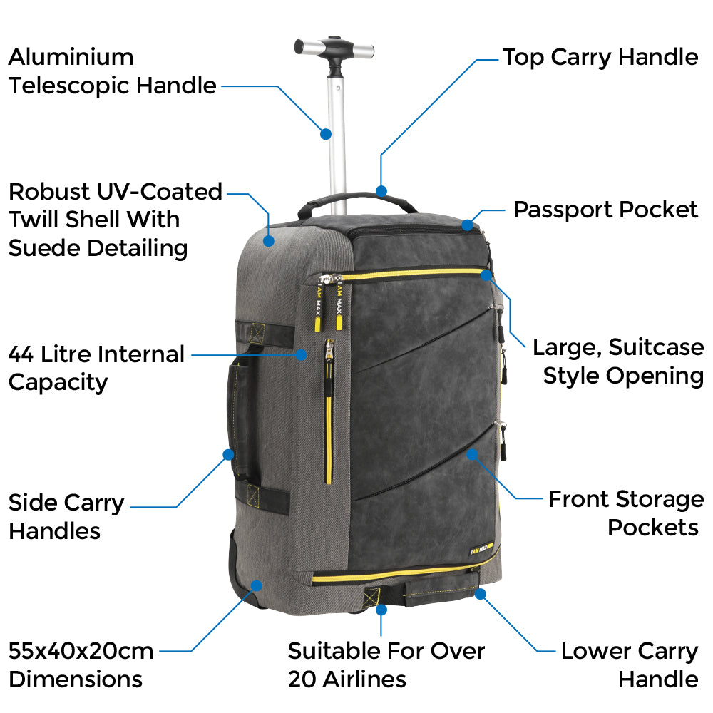 Cabin Max Manhattan Trolley Backpack Hybrid Cabin Bag 55x40x20cm (21x16x8") - Grey/Yellow